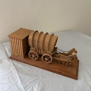 Vintage Wooden Covered Wagon Music Box Moving Stagecoach Horses